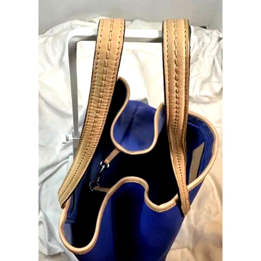 Coach Blue Leather Tote Bag Tan Trim Yellow Accent Shoulder Handbag - Picture 7 of 7